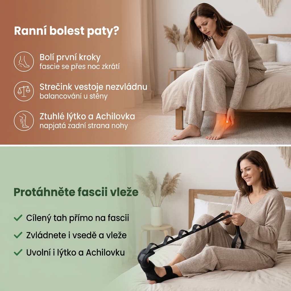 Strečovací popruh na chodidlo na ranní bolest paty a plantární fascii